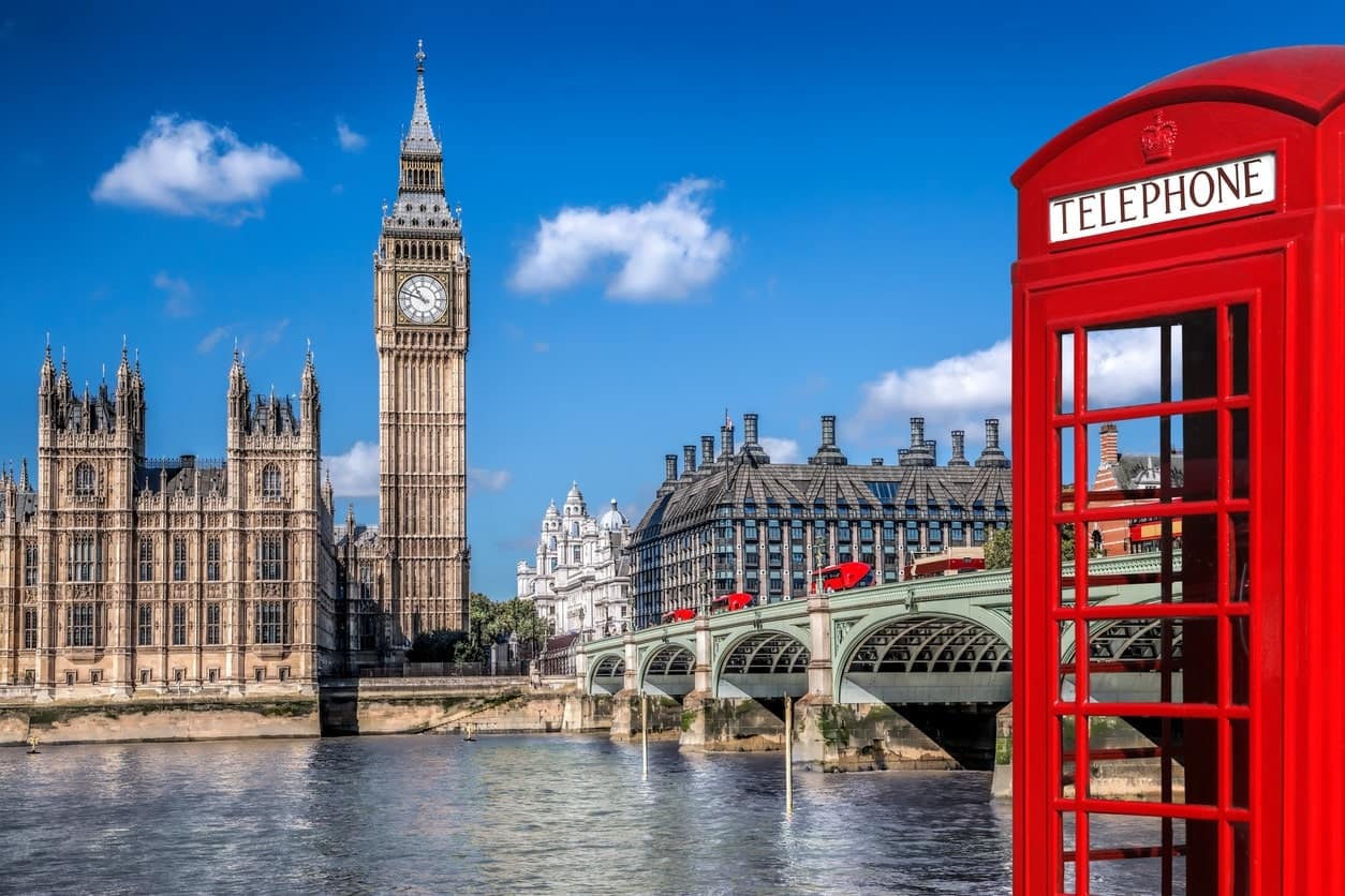 London symbols with BIG BEN, DOUBLE DECKER BUSES and Red Phone Booth in England, UK Contact Us 1