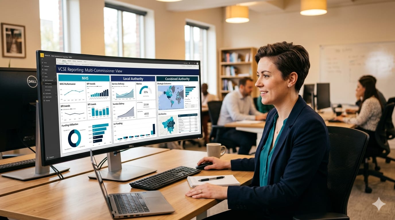 One Data Layer, Multiple Commissioners: How Power BI Serves ICB, Local Authority and Combined Authority Reporting From a Single Infrastructure 1 VCSE Power BI multi-commissioner reporting dashboard | Quematics VCSE commissioning analytics